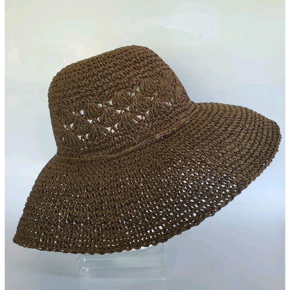 BOHO Crocheted Straw Paper Beach/Garden Sun Hat Brown Floppy Wide Brim Vtg 90s - Picture 2 of 5